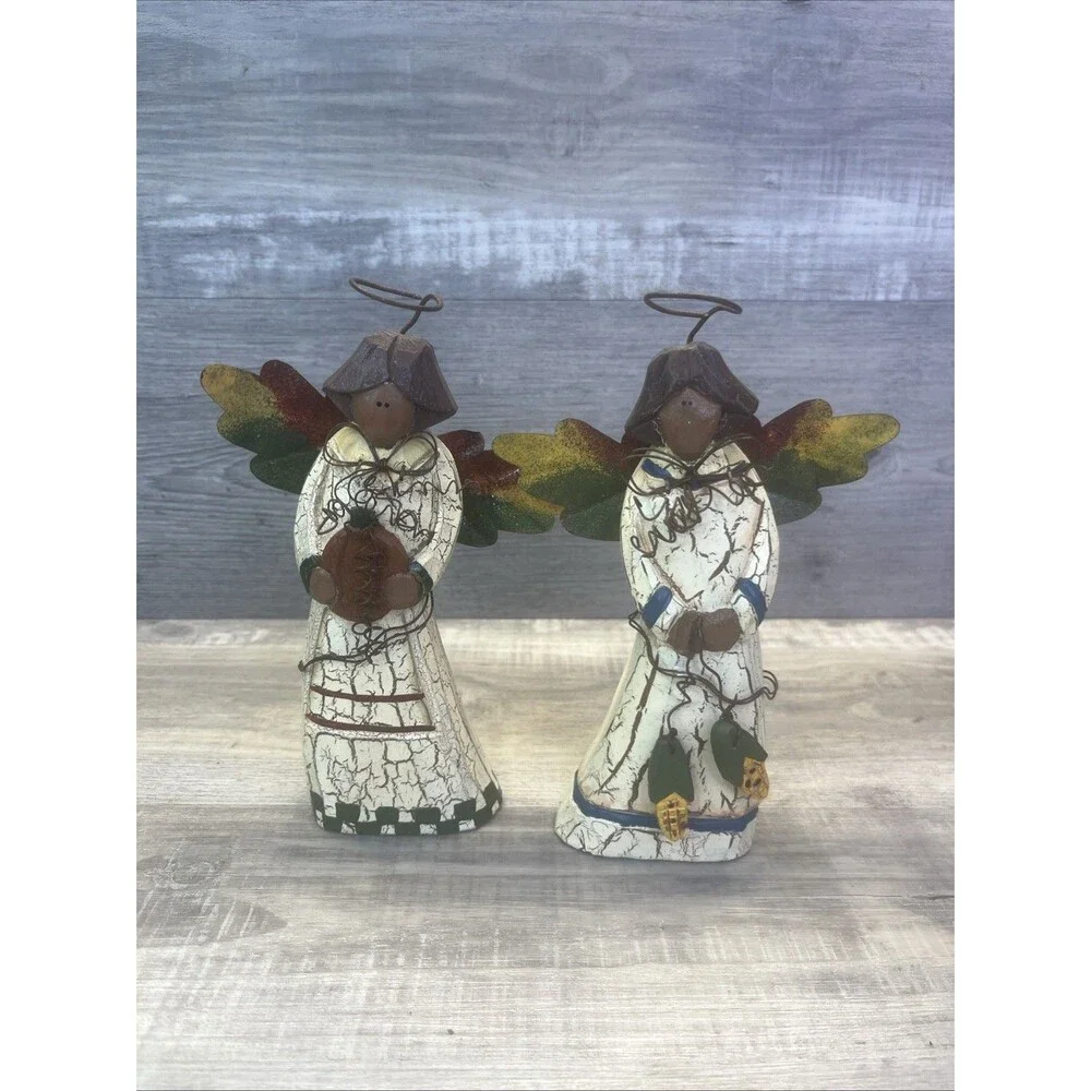 Folk Art Wood & Metal Angels Harvest Autumn Pumpkins Corn Cobs Vtg Decor Lot 2
